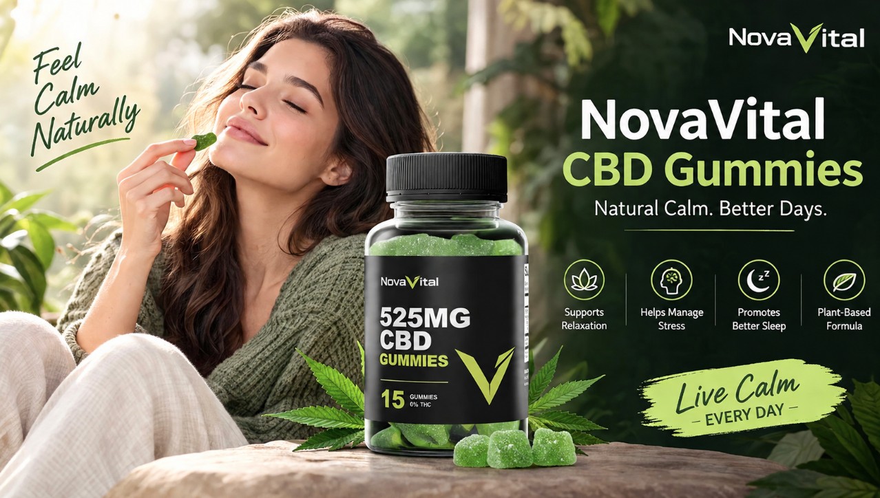 Woman enjoying a NovaVital CBD gummy outdoors surrounded by greenery