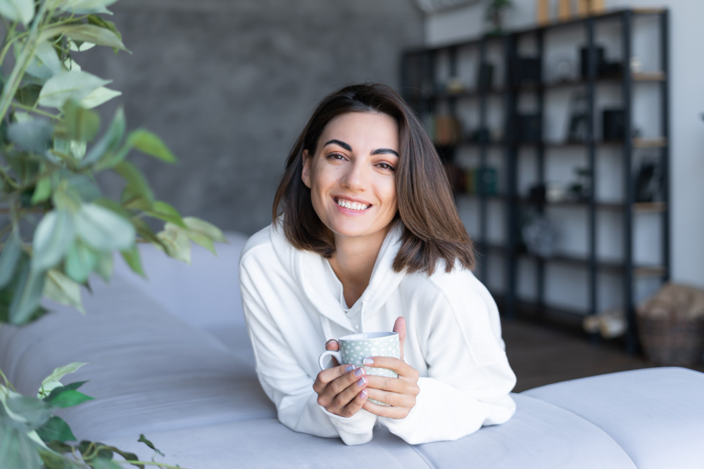 Woman smiling with a mug in a calm living room